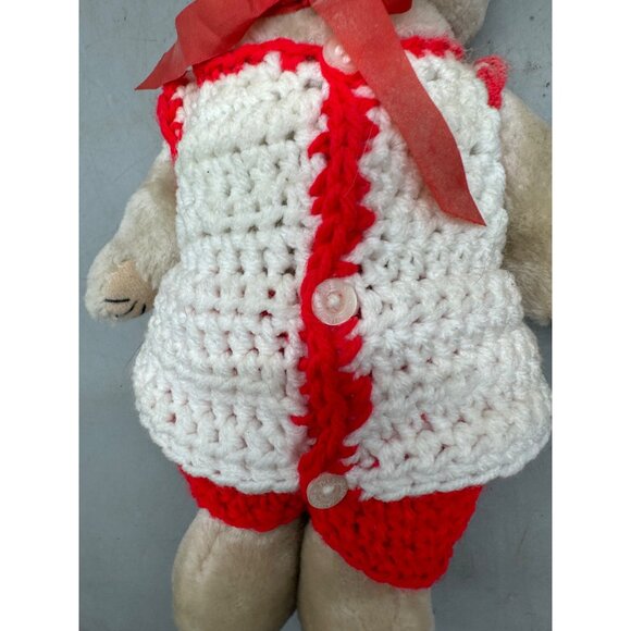 Vintage Plush Bear Handmade Red White Crochet Outfit Bow Soft Beige Fur Toy READ - Picture 3 of 7